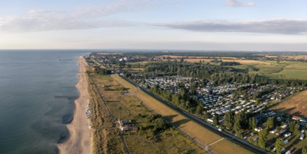 Dahme, Germany, July 31, 2021: Aerial drone view of Dahme Beach in Schleswig-Holstein, Europe