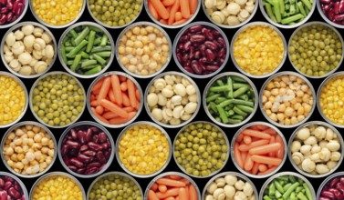 Seamless food background made of opened canned food