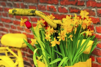 Vintage closeup vibrant yellow bicycle with basket of daffodil flowers on old rustic brick wall