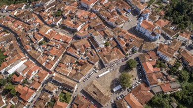 Close-up aerial view in sunshine of the historic center of Diamantina, Minas Gerais, Brazil, South