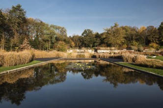 Panoramic view over the Stuyvenbergh city park with reflecting colorful autumn trees, Brussels,