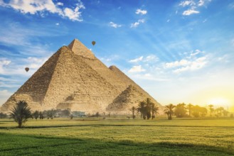 Pyramids on green meadow with palm trees at sunrise