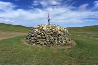 Sacred stone heap, Ovoo, oboo, or obo, used as altar or shrine in Mongolia