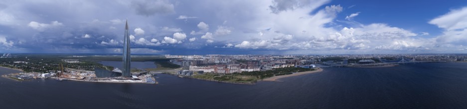Aerial panorama of St. Petersburg, the skyscraper Lakhta Center and the new stadium, Russia, Europe