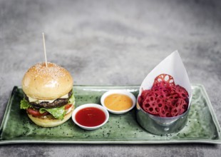 Fusion asian beef burger set with lotus chips and wasabi mayonnaise