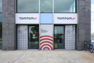 Berlin, Germany, July 13, 2022, entrance to Tomtom headquarters Germany in the Treptower, Europe