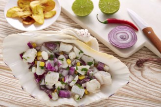 Ceviche peruvian recipe with fried banana and ingredients on wooden table