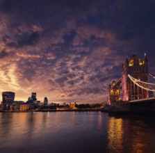 London Tower Bridge sunset on Thames river in England