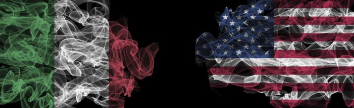 Flags of Italy and USA on Black background, Italy vs USA Smoke Flags