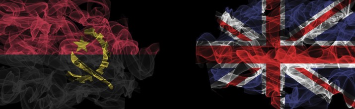 Flags of Angola and United Kingdom on Black background, Angola vs United Kingdom Smoke Flags