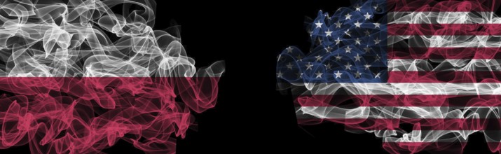 Flags of Poland and USA on Black background, Poland vs USA Smoke Flags