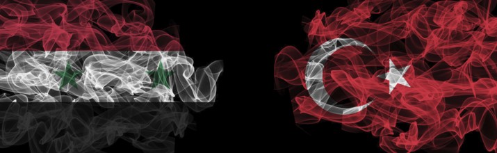 Flags of Syria and Turkey on Black background, Syria vs Turkey Smoke Flags
