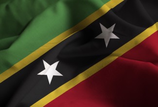 Closeup of Ruffled Saint Kitts and Nevis Flag, Saint Kitts and Nevis Flag Blowing in Wind