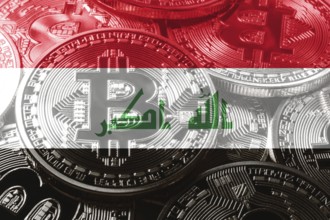 Iraq bitcoin flag, national flag cryptocurrency concept black background