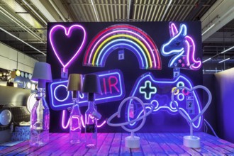 Lights and neon figures in DIY store, Allgäu, Bavaria, Germany, Europe