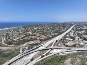 Aerial view of highway interchange and junction, San Diego Freeway interstate 5, California, USA,