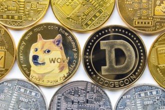 Calgary, Alberta, Canada. May 22, 2021. A couple of Dogecoin with several crypto currency coins