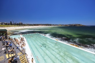 SYDNEY, AUSTRALIA, DECEMBER 05 2023: View towards Bondi Beach from Icebergs Dining Room and Bar on