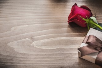 Packed present with brown ribbon red rose holiday concept