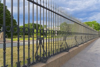 Old forged metal fence at the Museum of Artillery. Kronverkskaya Embankment, Saint Petersburg,