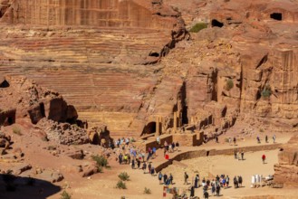 Petra, Jordan, November 3, 2022: Nabatean amphitheatre in the ancient city, aerial high angle view,