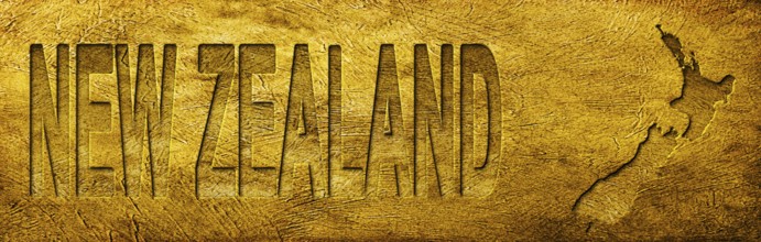 New Zealand Map and Text on Grunge Gold Texture