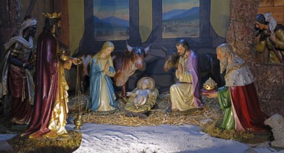 Christmas cot, Holy Family, Three Wise Men, Parish Church of St Peter and Paul, Dieburg, Hesse,