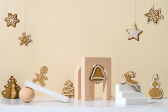 Christmas composition with gingerbread cookies in trendy minimalistic style. Different geometrical