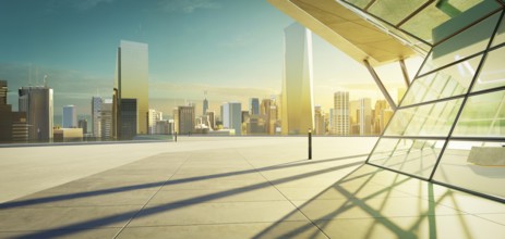 Empty concrete floor with polygon shape design modern building exterior. 3d rendering