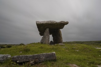A long exposure view of the Poulnabrone Dolmen under an overcast sky in County Clare of Western