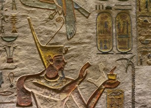 Ancient egypt carving color image on wall of temple in Egypt