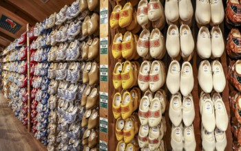 Traditional historical Dutch clog angle (clogs, wooden shoes) on a shelf in museum village, Open