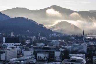 Morning atmosphere and morning fog over the Calvary, churches of Leoben, Leoben, Styria, Austria,