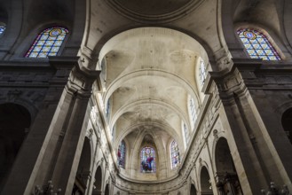 La Rochelle, France, August 6, 2018: La Rochelle Cathedral. Low angle interior view of the vaults,