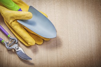 Protective gloves hand shovel garden pruner on wooden board gardening concept