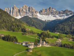 Spring landscape with Santa Magdalena village, Italian Dolomites Alps, in South Tyrol, Val di