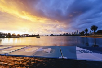 The iconic Albert Park lake at sunset in Melbourne, Victoria, Australia, Oceania
