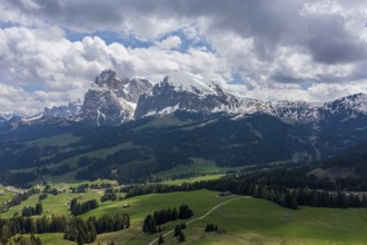 Panoramic view from the Seiser Alm to the Dolomites in Italy, drone shot