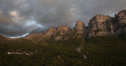 Drone scenery mikro Papingo village, Zagorochoria area, Epirus, Ioannina Greece. Astraka tower