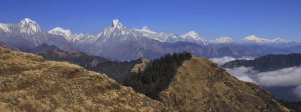 View from Mohare Danda. Mountains of the Annapurna range, Nepal. Hiun Chuli, Machapuchare, Lamjung