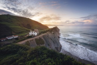 Coast Landscape Of Famous Flysch In Zumaia at sunset, Basque Country, Spain. Famous Geological