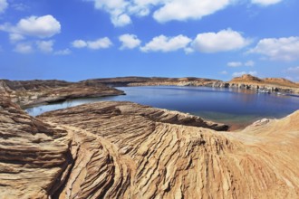 Bright blue water bay. Bottling magnificent Lake Powell photographed by Fisheye lens