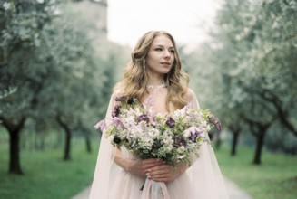 Bride with a bouquet of flowers in an olive grove.