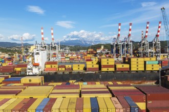High angle view of stacked rectangular metal box shipping containers on dock waiting to be loaded