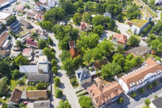 Aerial view Ravensburger Platz and old church with town hall, Coswig, Saxony, Germany, Europe