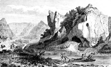 Native people hunting and fishing, cave in the Swabian Ach Valley, UNESCO World Heritage Caves and