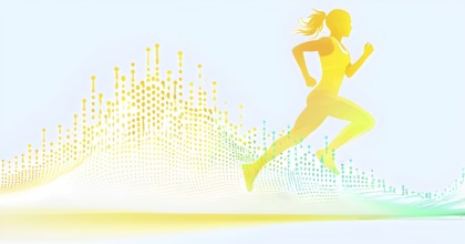 Illustration of a wave of data points shaping into a female runner silhouette, green and yellow