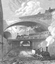 The Metropolitan Railway in 1869, railway, here Farringdon station in London, England, Historic,