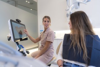 Dentist teaching 3d x-ray x-ray on monitor to young female client in modern dental clinic