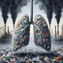 Air Pollution city and people suffers lung disease. Industrial pollution. Industrial smoke. Plastic